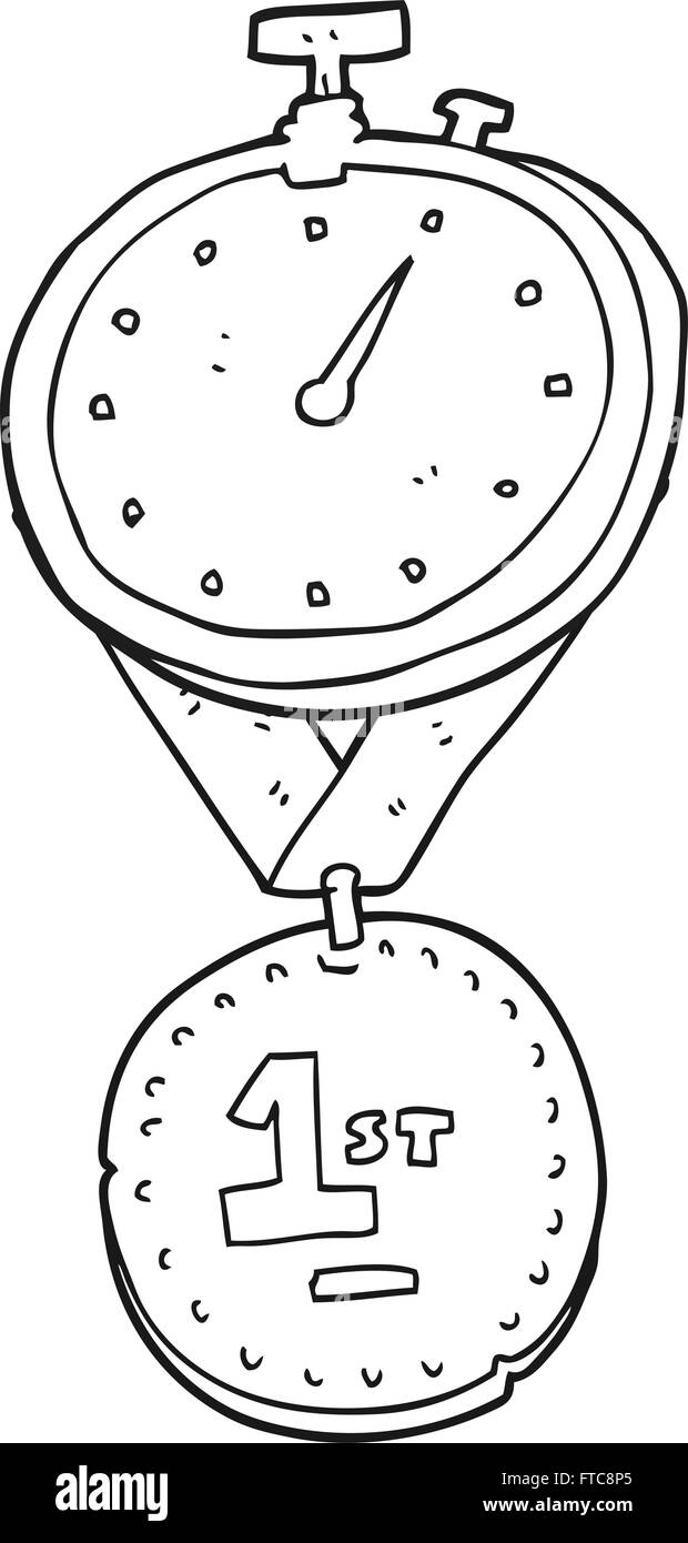 freehand drawn black and white cartoon stopwatch and medal Stock Vector