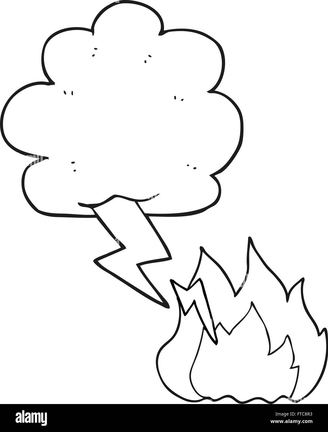 freehand drawn black and white cartoon thundercloud lightning strike Stock Vector