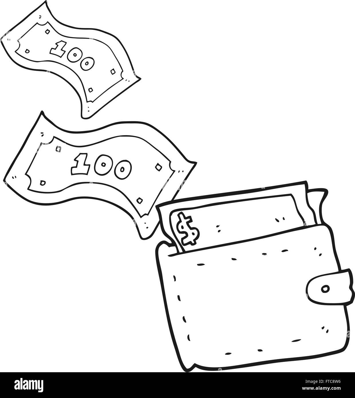 freehand drawn black and white cartoon wallet full of money Stock