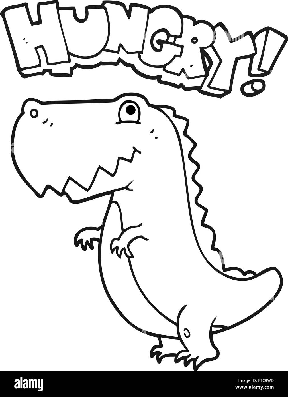 freehand drawn black and white cartoon hungry dinosaur Stock Vector