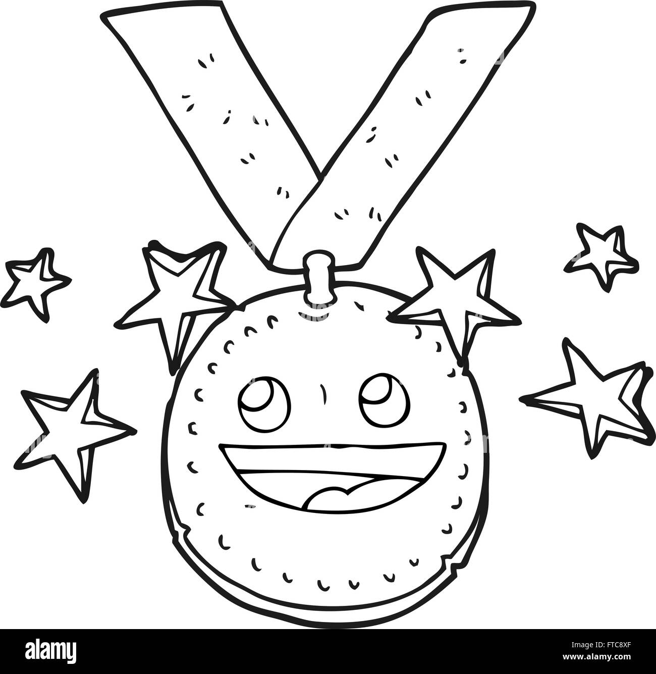 freehand drawn black and white cartoon happy sports medal Stock Vector
