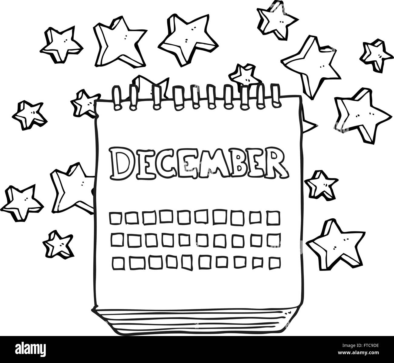 freehand drawn black and white cartoon calendar showing month of