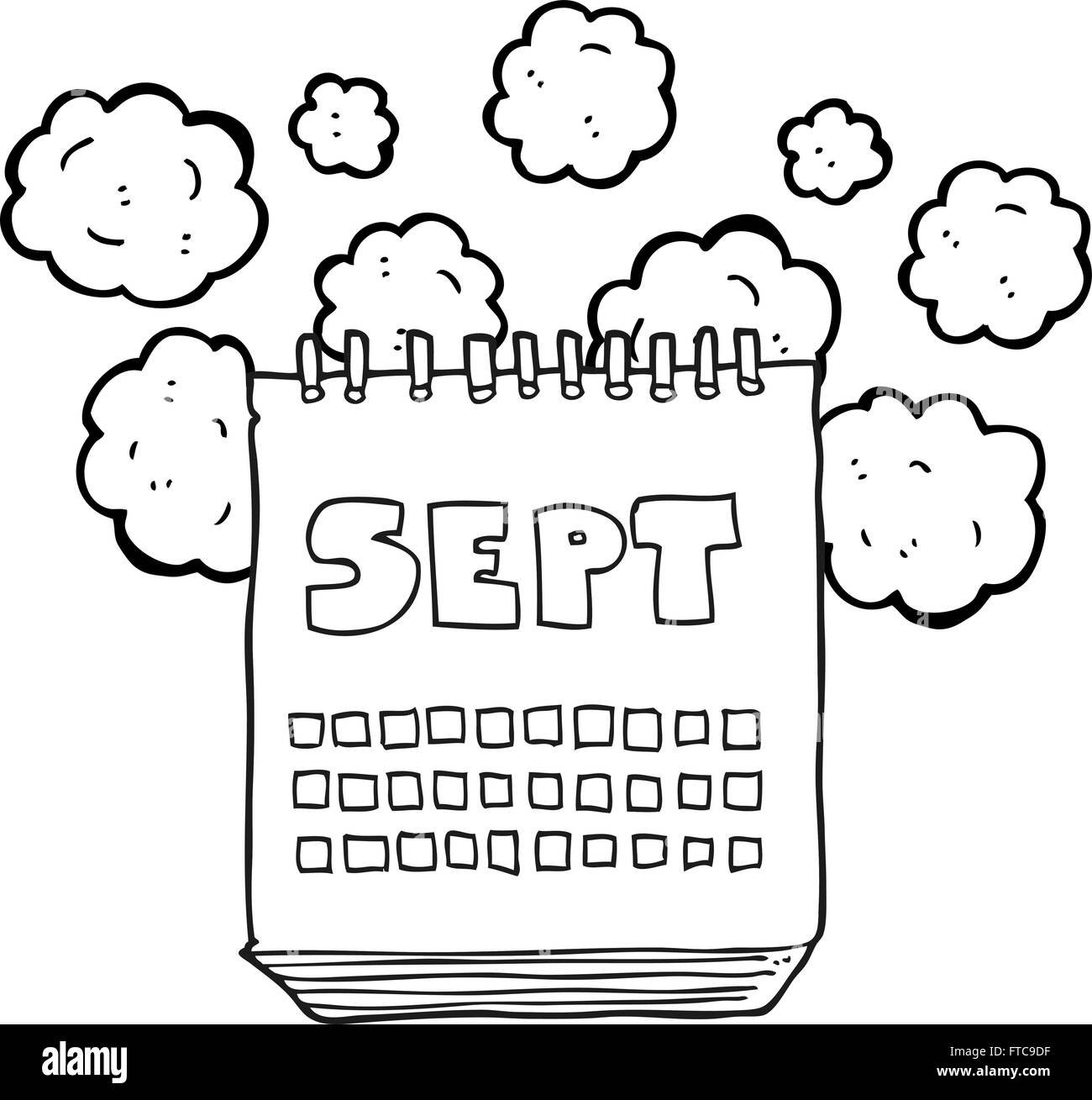 freehand drawn black and white cartoon calendar showing month of