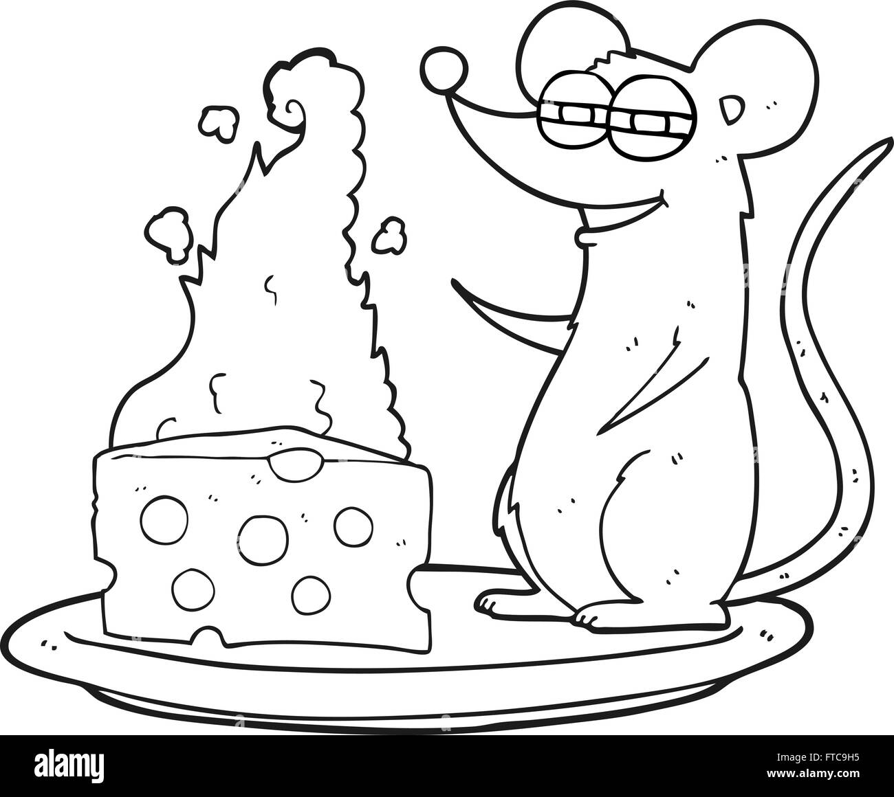 freehand drawn black and white cartoon mouse with cheese Stock Vector