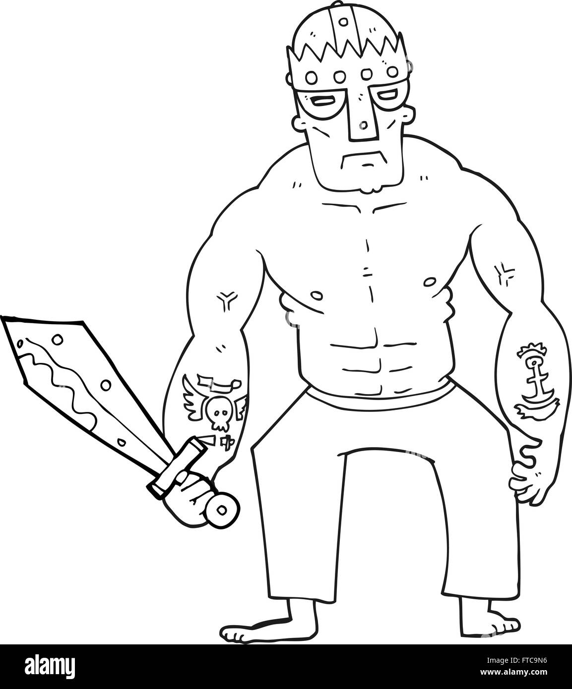 freehand drawn black and white cartoon warrior with sword Stock Vector ...