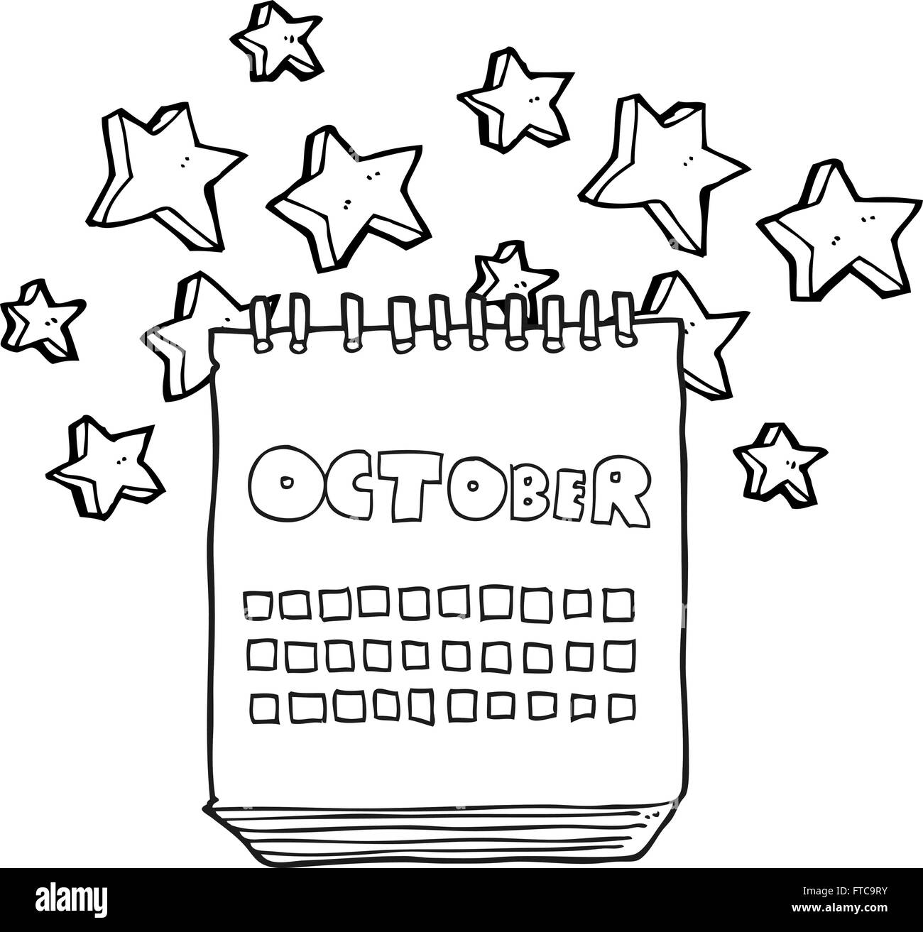 freehand drawn black and white cartoon calendar showing month of