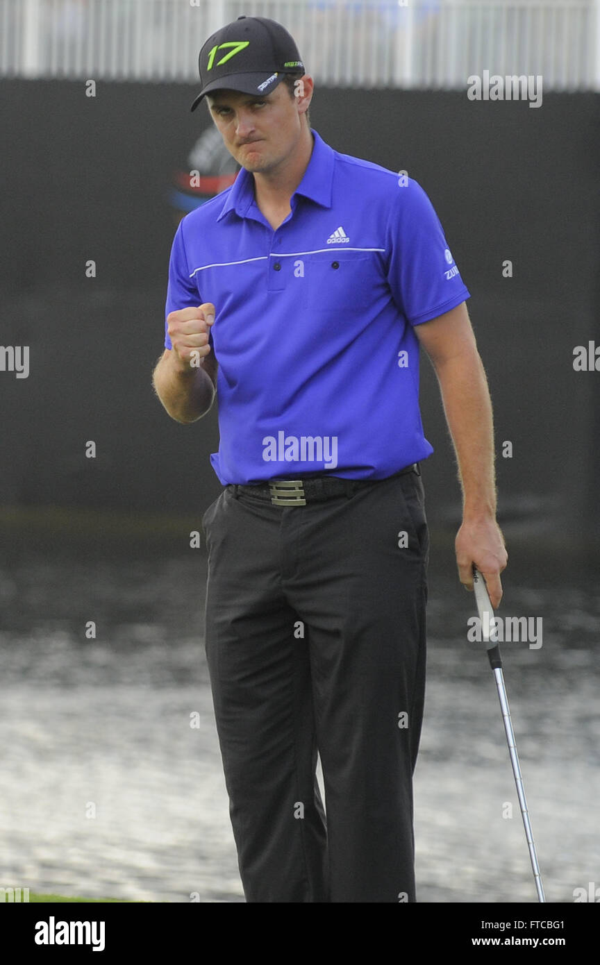 Doral, Fla, USA. 11th Mar, 2012. Justin Rose celebrates winning the World Golf Championship Cadillac Championship on the TPC Blue Monster Course at Doral Golf Resort And Spa on March 11, 2012 in Doral, Fla. ZUMA PRESS/ Scott A. Miller. © Scott A. Miller/ZUMA Wire/Alamy Live News Stock Photo