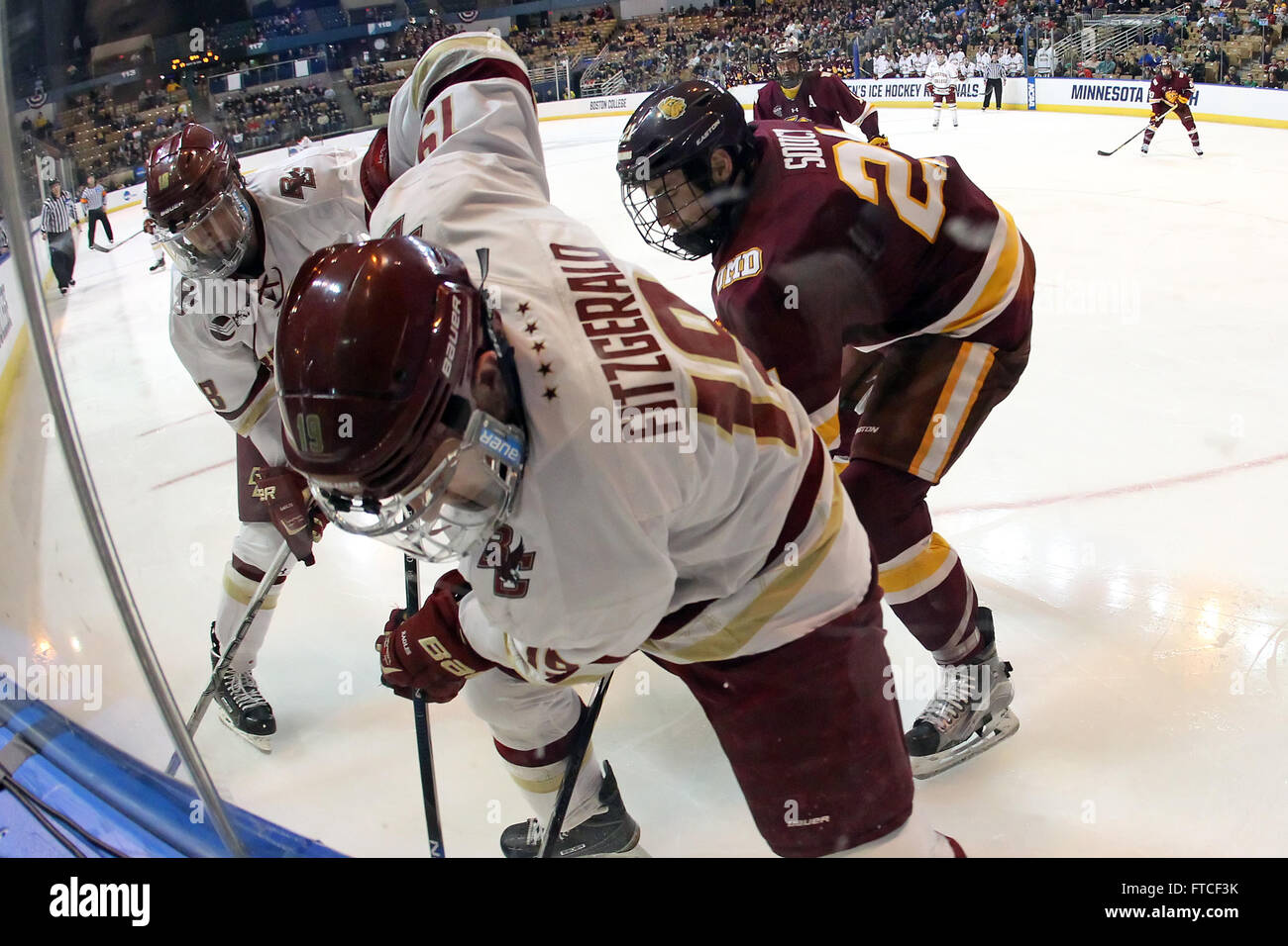 March 26, 2016; Worcester, MA, USA;Boston College Eagles forward Ryan Fitzgerald (19), Boston College Eagles forward Colin White (18) and Minnesota-Duluth Bulldogs defenseman Carson Soucy (21) in action during the NCAA Northeast Regional Finals hockey game between Minnesota-Duluth and Boston College Eagles at the DCU Center. Boston College defeated Minnesota-Duluth 3-2. Anthony Nesmith/Cal Sport Media Stock Photo
