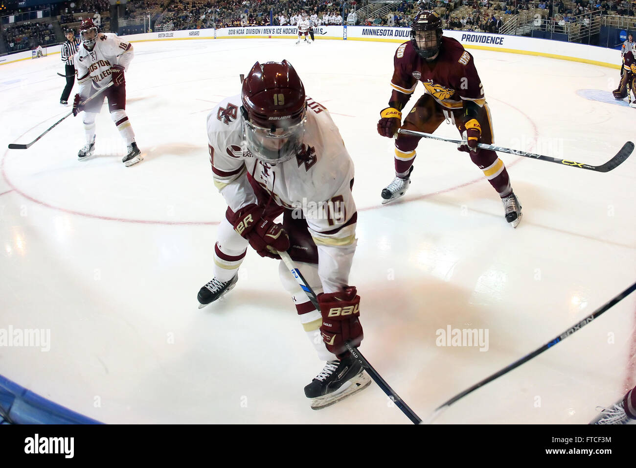 March 26, 2016; Worcester, MA, USA;Boston College Eagles forward Ryan Fitzgerald (19) and Minnesota-Duluth Bulldogs defenseman Carson Soucy (21) in action during the NCAA Northeast Regional Finals hockey game between Minnesota-Duluth and Boston College Eagles at the DCU Center. Boston College defeated Minnesota-Duluth 3-2. Anthony Nesmith/Cal Sport Media Stock Photo