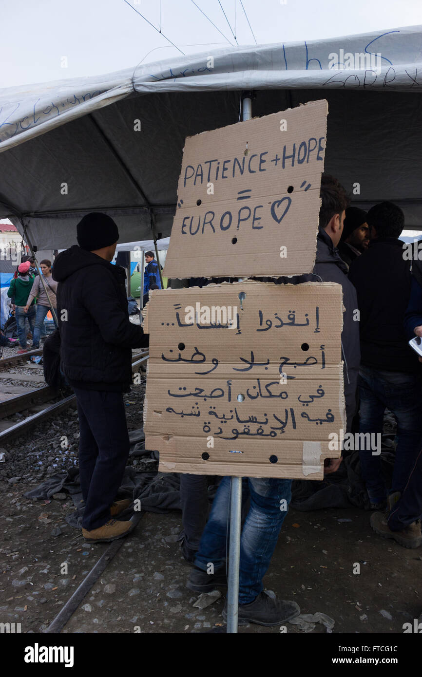 Idomeni, Greece. 26th March, 2016. After the closure of the Greek-Skopje borders, sealing the Western Balkan route, followed by the announcement of the Greek government asking refugees, to vacate Ideomeni transit camp, a large group of refugees departed to other camps in Greece while others decided to stay and demonstrate against the route sealing at the Greek-Skopje state borders,  On March 28th the GR vice secretary called refugees carrying over Euros 250.000 to invest in Greece!. Images from Paoenia municipality, Kilkis, Central Macedonia. Credit:  Vassilis Triantafyllidis/Alamy Live News Stock Photo