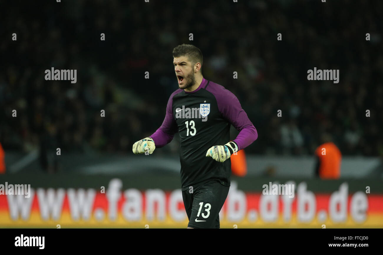 Berlin, Germany. 26th Mar, 2016. England's goalkeeper Fraser Forster reacts during the international friendly soccer match between Germany and England at the Olympiastadion in Berlin, Germany, 26 March 2016. Photo: CHRISTIAN CHARISIUS/dpa/Alamy Live News Stock Photo