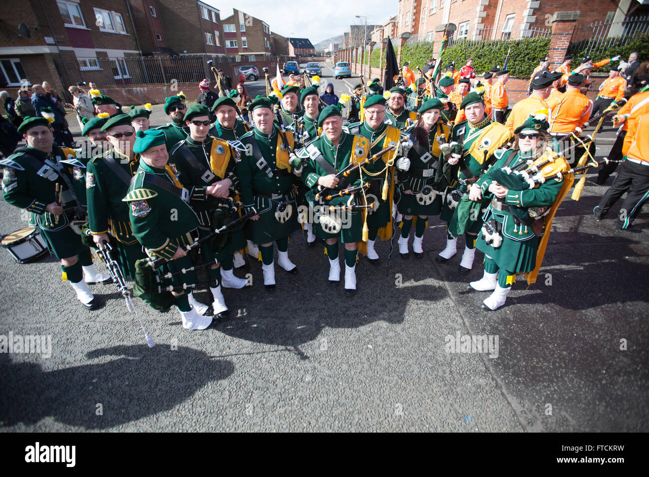 Falls Road, Belfast,UK 27th March 2016 Rockland County, New York, Edward V Larkin Memorial Pipe Band at the Easter Rising 100th Anniversary  Parade Credit:  Bonzo/Alamy Live News Stock Photo