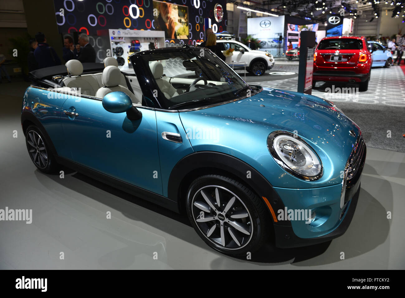 March 23, 2016 - Manhattan, New York, United States - A blue MINI John Cooper Works Convertible makes its world premiere at the New York International Auto Show 2016, at the Jacob Javits Center. This was Press Preview Day one of NYIAS, and the Trade Show will be open to the public for ten days, March 25th through April 3rd. (Credit Image: © Ann Parry via ZUMA Wire) Stock Photo
