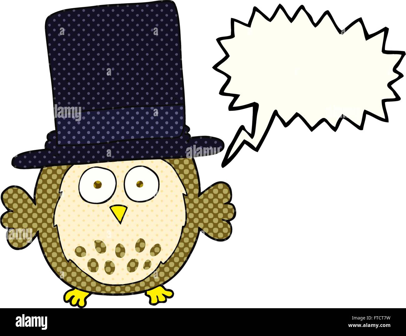 freehand drawn comic book speech bubble cartoon owl wearing top hat ...