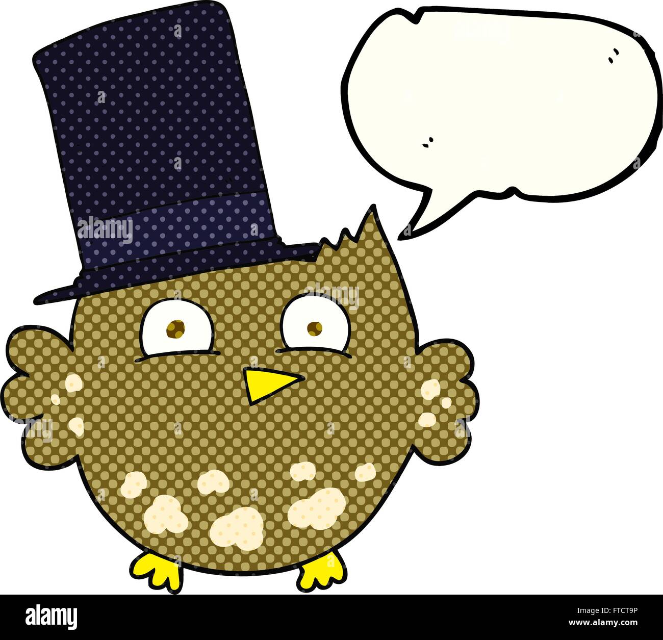 freehand drawn comic book speech bubble cartoon little owl with top hat ...