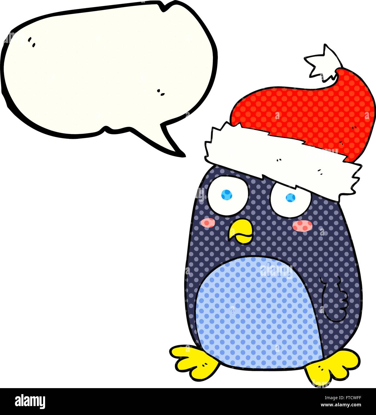 freehand drawn ic book speech bubble cartoon penguin in christmas hat Stock Vector