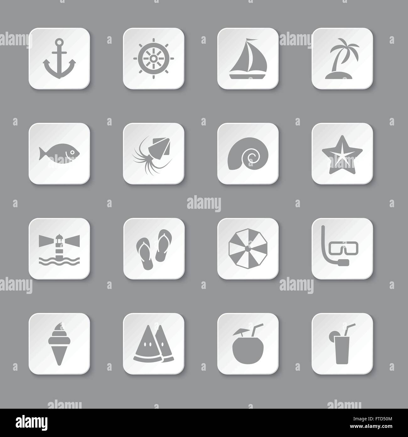 [EPS10] gray flat beach and summer icon set on rounded rectangle button ...