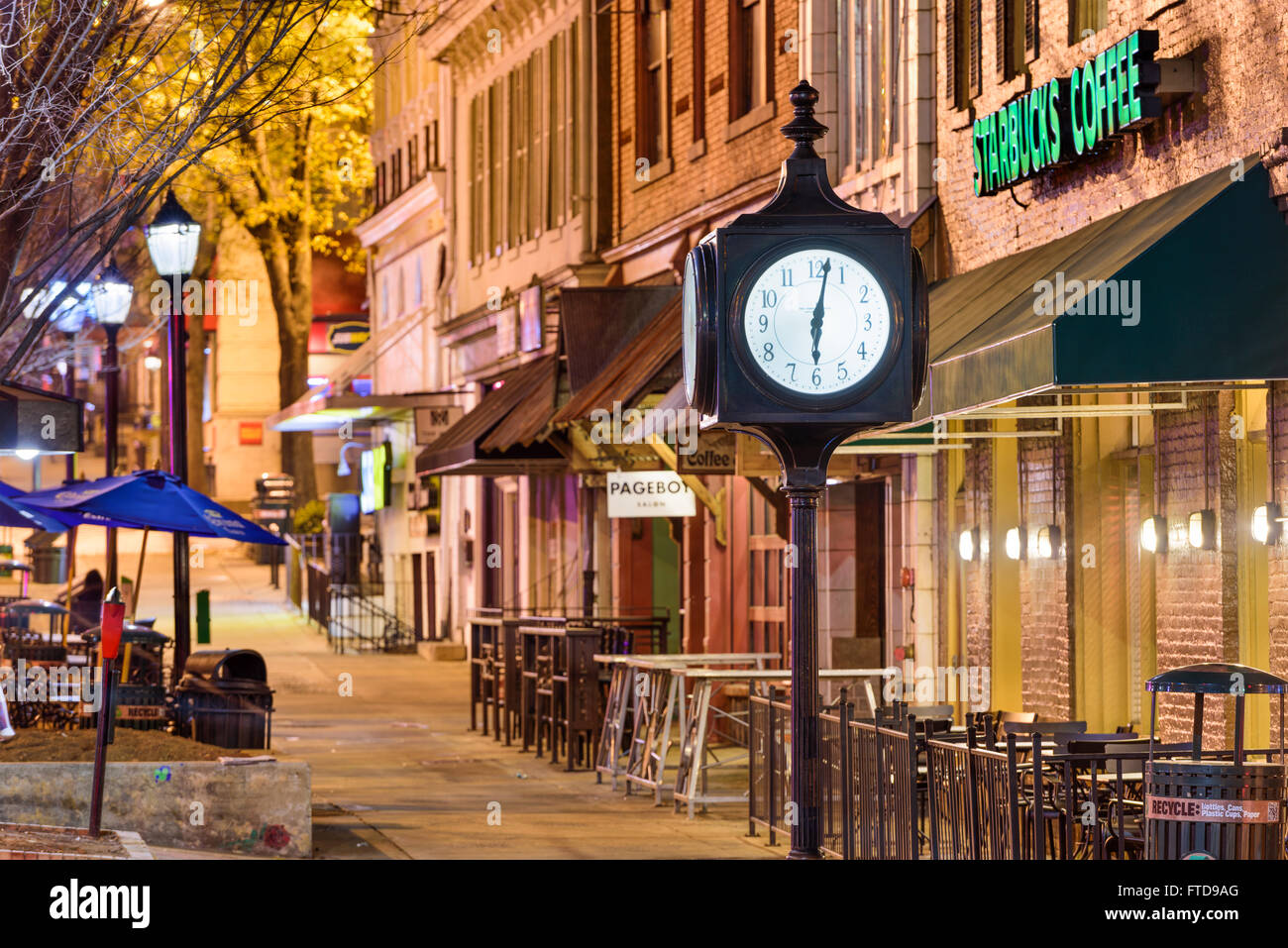 The downtown Main Square and clock in Athens, Georgia, USA. Stock Photo