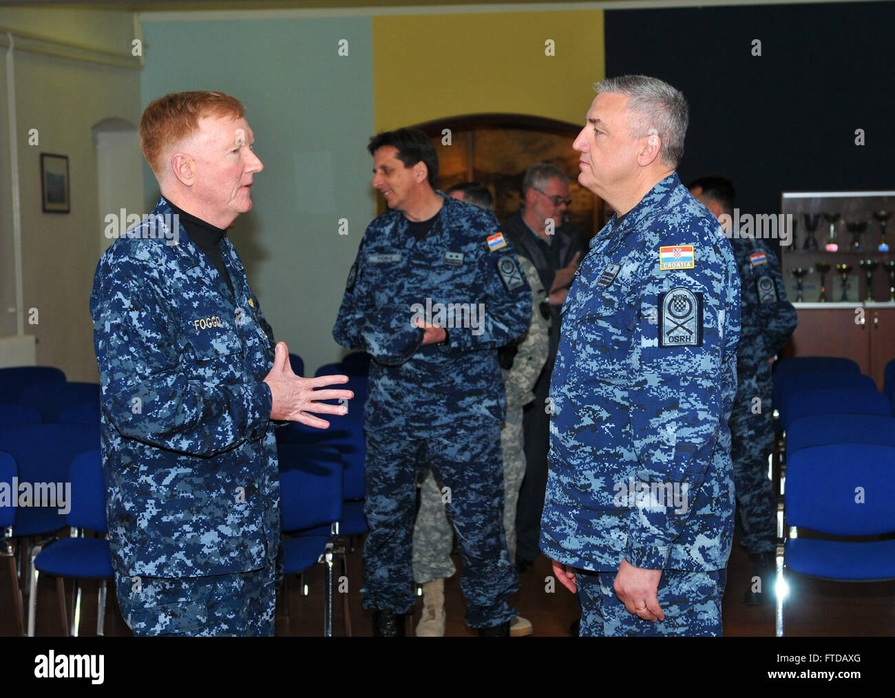 150331-N-VY489-079 RIJEKA, Croatia (March 31, 2015) Commander, U.S. 6th Fleet Vice Adm. James Foggo III, left, meets with Croatia Chief of Naval Operations, Commodore Predrag Stipanovic, during a tour of the Viktor Lenac Shipyard and USS Mount Whitney (LCC 20) March 31, 2015. Mount Whitney, forward deployed to Gaeta, Italy, is undergoing a regular maintenance period at the shipyard in Rijeka, Croatia and is scheduled to be in dry dock until mid-summer. (U.S. Navy photo by Mass Communication Specialist 2nd Class Mike Wright/Released) Stock Photo