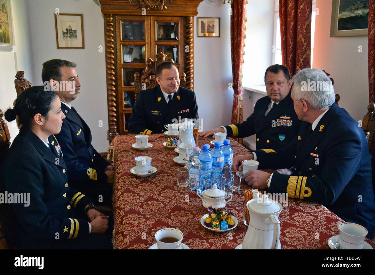 150605-N-IY633-020 GDYNIA, Poland (June 5, 2015) – Standing NATO Maritime Group 2 (SNMG2) and Polish Armed Forces leadership meet during SNMG2’s port visit to the city in preparation for exercise Baltic Operations (BALTOPS). BALTOPS is an annually reoccurring multinational exercise designed to enhance flexibility and interoperability, as well as demonstrate resolve of Allied and partner forces to defend the Baltic region. (U.S. Navy photo by Mass Communication Specialist 2nd Class Amanda S. Kitchner/Released) Stock Photo