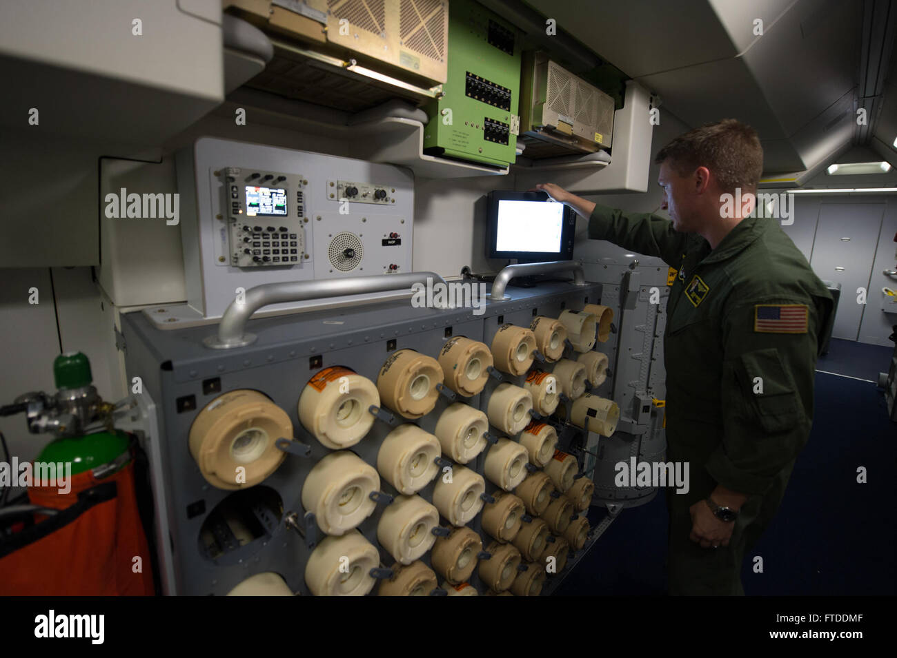 Sonobuoys are stored in a Boeing P-8 Poseidon maritime surveillance aircraft during a BALTOPS 2015 mission over the Baltic Sea June 13, 2015. The U.S. Navy deploys sonobuoys from the Boeing P-8 Poseidon, the sonobouystransmit sound waves through the water upon impact, reporting underwater activity. Approximately 5,600 ground, maritime and air personnel from participating nations will demonstrate air defense, maritime interdiction, anti-subsurface warfare and amphibious operations in a joint environment to ensure regional security. (U.S. Air Force photo by Staff Sgt. Christopher Ruano/Released) Stock Photo