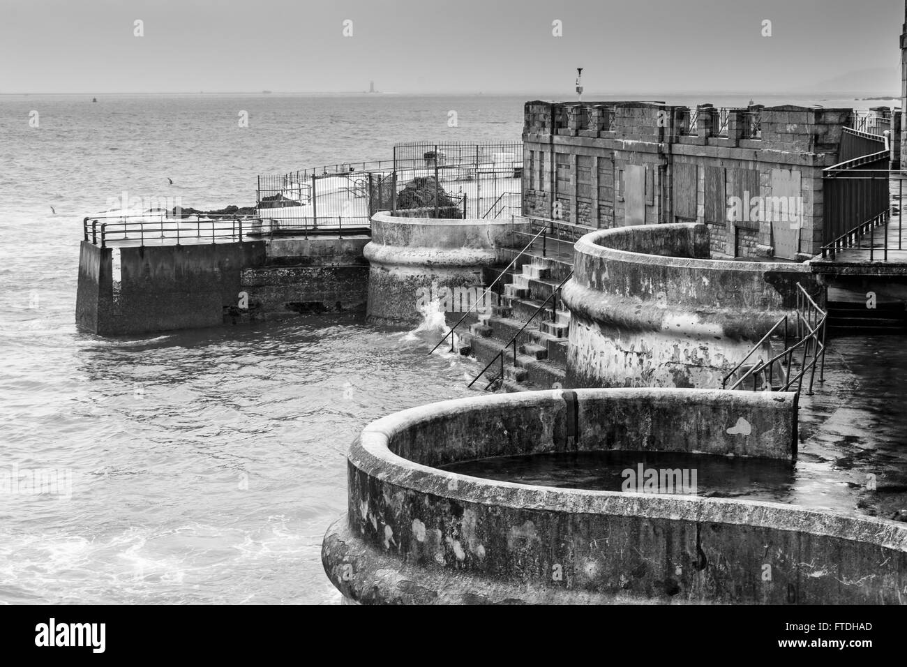 Plymouth Hoe lido out of season in black and white. An Edwardian bathing area. Stock Photo
