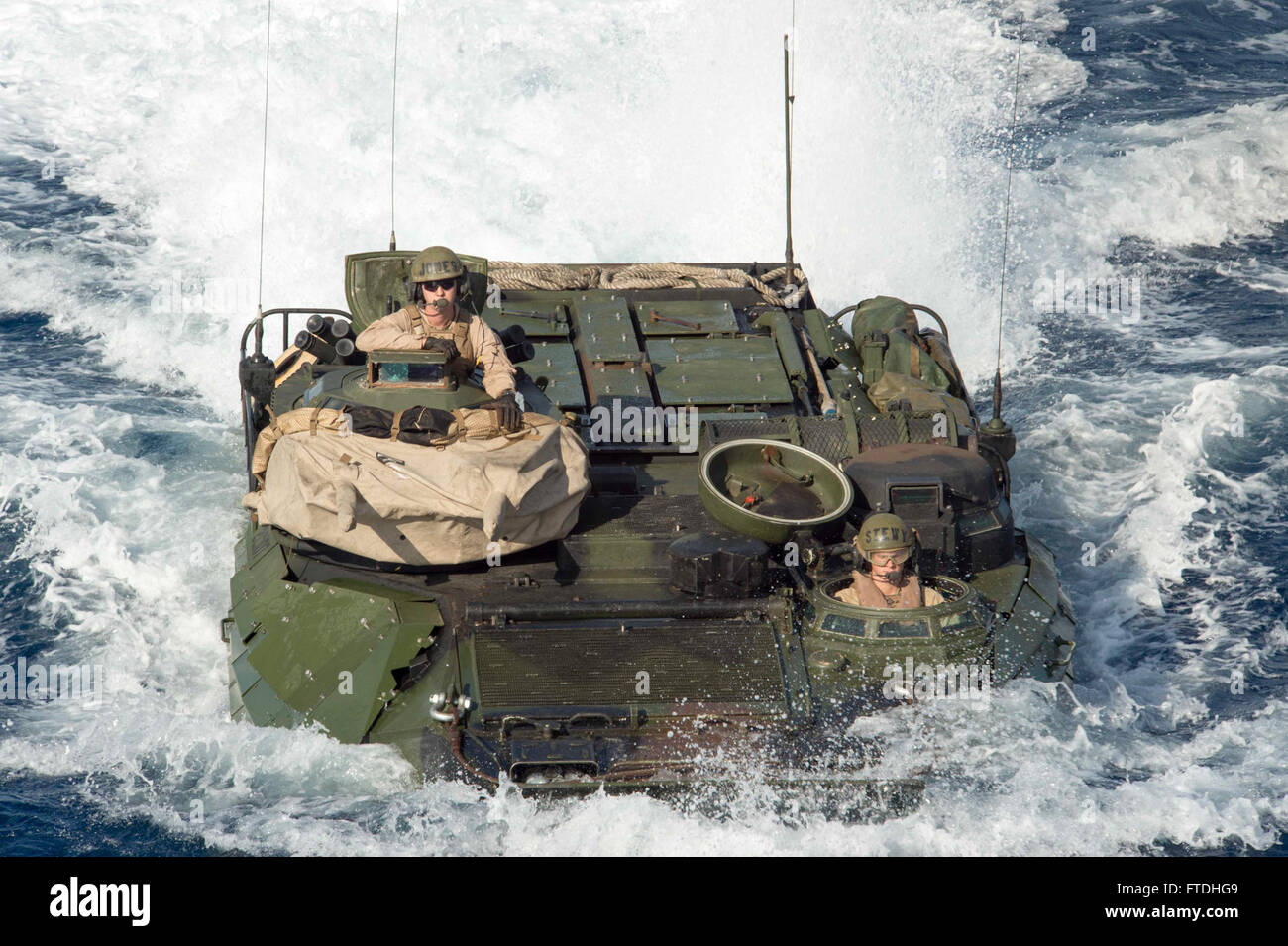 151028-N-JO245-924 MEDITERRANEAN SEA (Oct. 28, 2015) An amphibious assault vehicle from the 26th Marine Expeditionary Unit approaches the well deck of the amphibious dock landing ship USS Oak Hill (LSD 51) Oct. 28, 2015. Oak Hill, deployed as part of the Kearsarge Amphibious Ready Group, is conducting naval operations in the U.S. 6th Fleet area of operations in support of U.S. national security interests in Europe. (U.S. Navy photo by Mass Communication Specialist 2nd Class Justin Yarborough/Released) Stock Photo