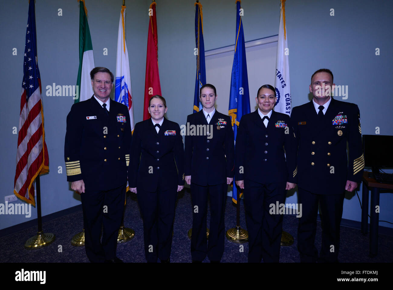At the U.S. Naval Support Activity Naples, a ceremony was held on January 29, 2016, recognizing outstanding sailors. Legalman 1st Class Stephani Pavoni, Information Systems Technician 2nd Class Dawn Weston, and Operations Specialist 1st Class Amparo Balderas were honored for their exceptional service. Adm. Mark Ferguson and Fleet Master Chief Steven Giordano presided over the awards. Stock Photo