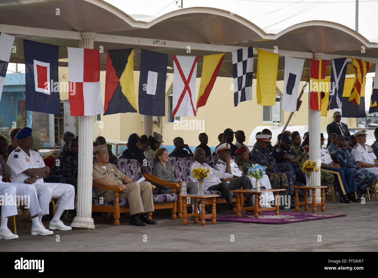 160201-F-WR377-033 DJIBOUTI (Feb. 1, 2016) Representatives from participating nations observe the opening ceremony for exercise Cutlass Express 2016 at the Djibouti Navy Base, Djibouti, Feb. 1, 2016. Cutlass Express is a U.S. Africa Command-sponsored multinational maritime exercise designed to increase maritime safety and security in the waters off East Africa, western Indian Ocean, and in the Gulf of Aden. (U.S. Air Force photo by Staff Sgt. Victoria Sneed/Released) Stock Photo