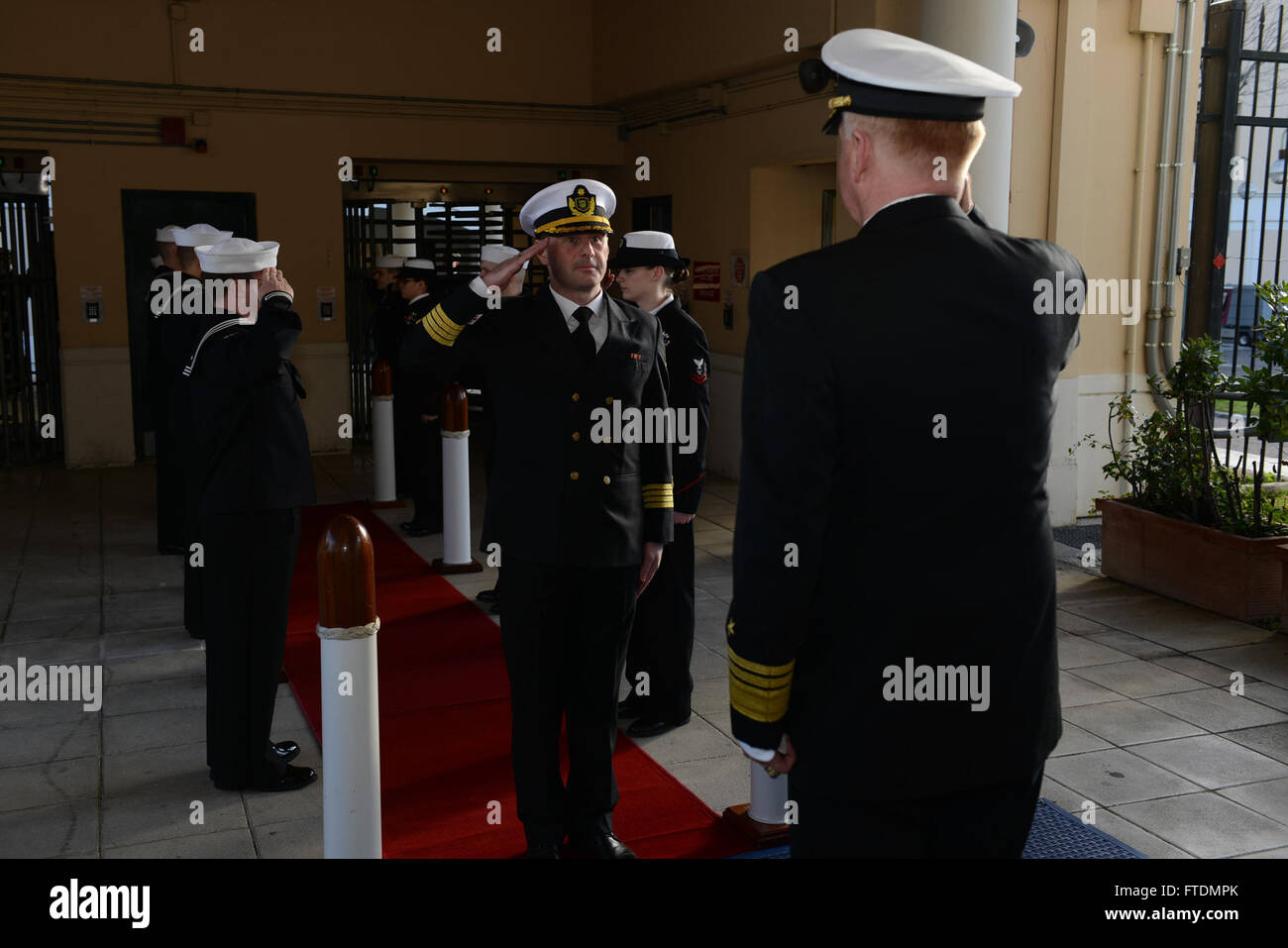 160226-N-OX801-038 NAVAL SUPPORT ACTIVITY NAPLES, Italy (Feb. 26, 2016) Commander, U.S. 6th Fleet, Vice Adm. James Foggo III, right, welcomes Director of Georgian Coast Guard Department, Capt. Temur Kvantaliani, to U.S. 6th Fleet headquarters, Feb. 26, 2016. Senior leaders from the maritime forces in the Black Sea region met in Naples, Italy, for the first Black Sea Maritime Security Symposium hosted by Commander, U.S. Naval Forces Europe Feb. 25-26, 2016. The intent of the symposium is to enhance regional cooperation by sharing insights and developing recommendations to address mutual maritim Stock Photo