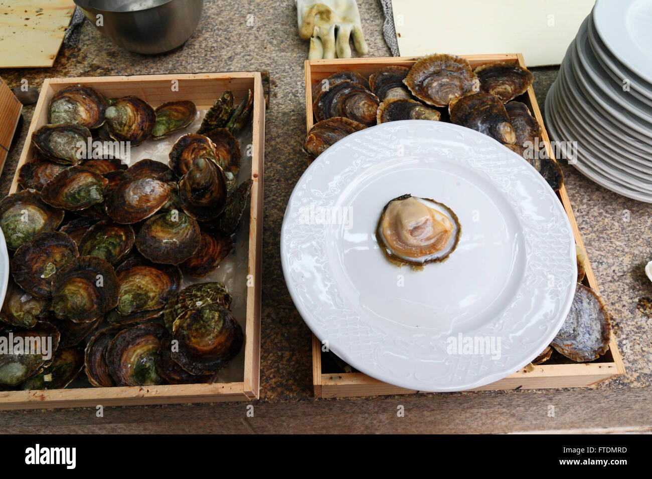 Oysters outside seafood restaurant, Vigo, Galicia, Spain Stock Photo