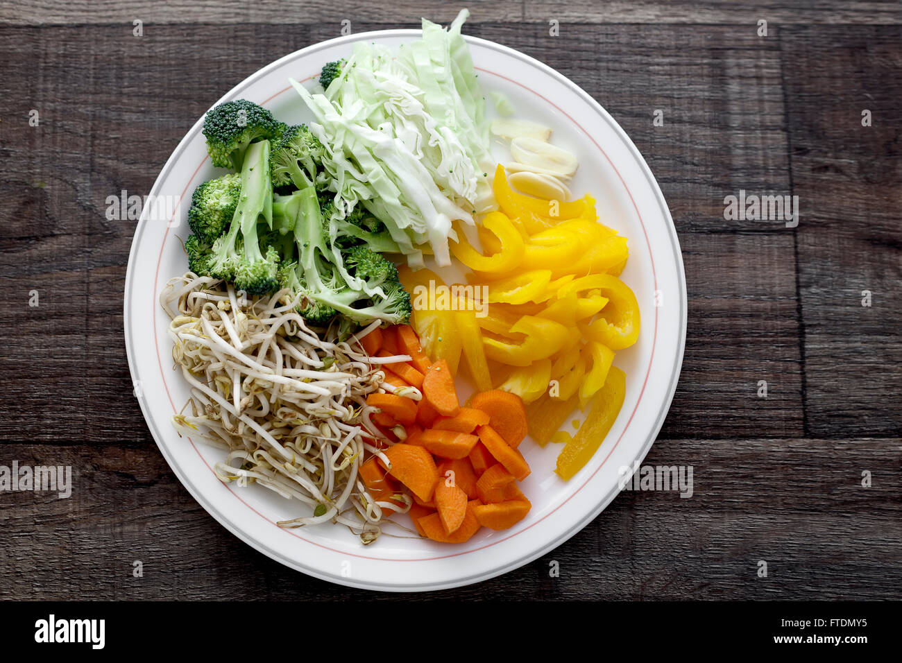 Sliced vegetables placed on the white plate. Stock Photo