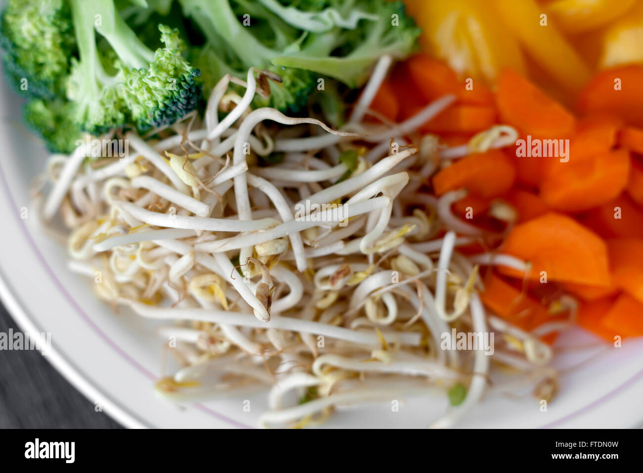 Sliced vegetables placed on the white plate. Stock Photo