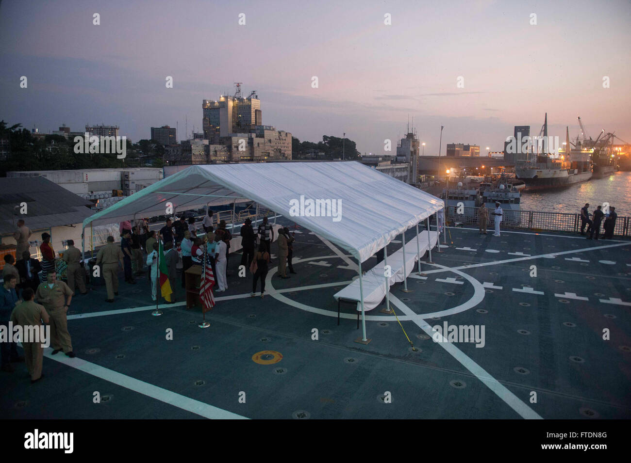 160312-N-WV703-056 DOUALA, Cameroon (March 12, 2016) Guests gather for the African Maritime Law Enforcement Partnership Cameroon closing ceremony aboard USNS Spearhead (T-EPF 1) March 12, 2016. The Military Sealift Command expeditionary fast transport vessel USNS Spearhead is on a scheduled deployment in the U.S. 6th Fleet area of operations to support the international collaborative capacity-building program Africa Partnership Station. (U.S. Navy photo by Mass Communication Specialist 3rd Class Amy M. Ressler/Released) Stock Photo