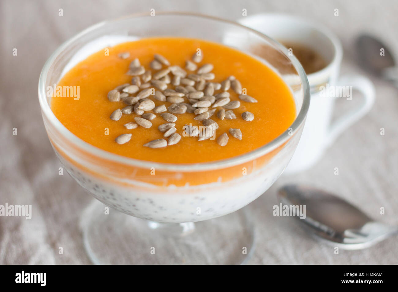 Greek yogurt dissert with chia seeds sweet eggs and sunflower seed Stock Photo