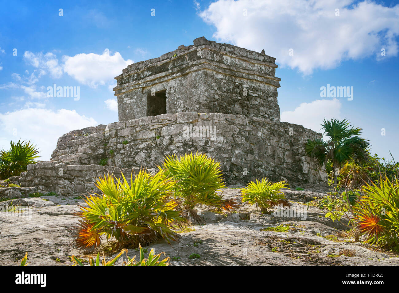 Ancient Maya Ruins, Main Temple of Tulum, Yucatan Peninsula, Mexico Stock Photo