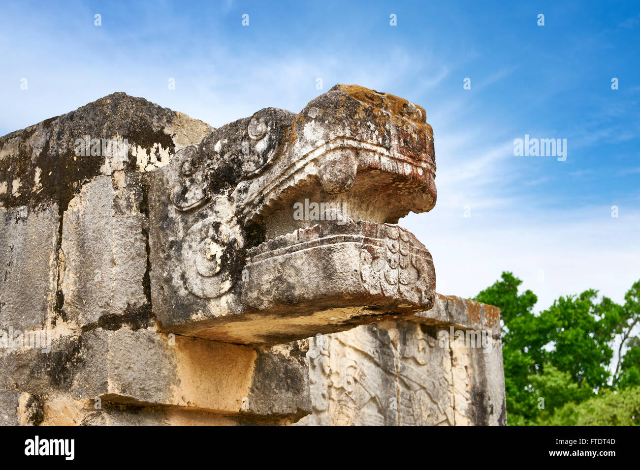Jaguar head of the Venus Platform, Ancient Maya Ruins, Chichen Itza Archaeological Site, Yucatan, Mexico Stock Photo