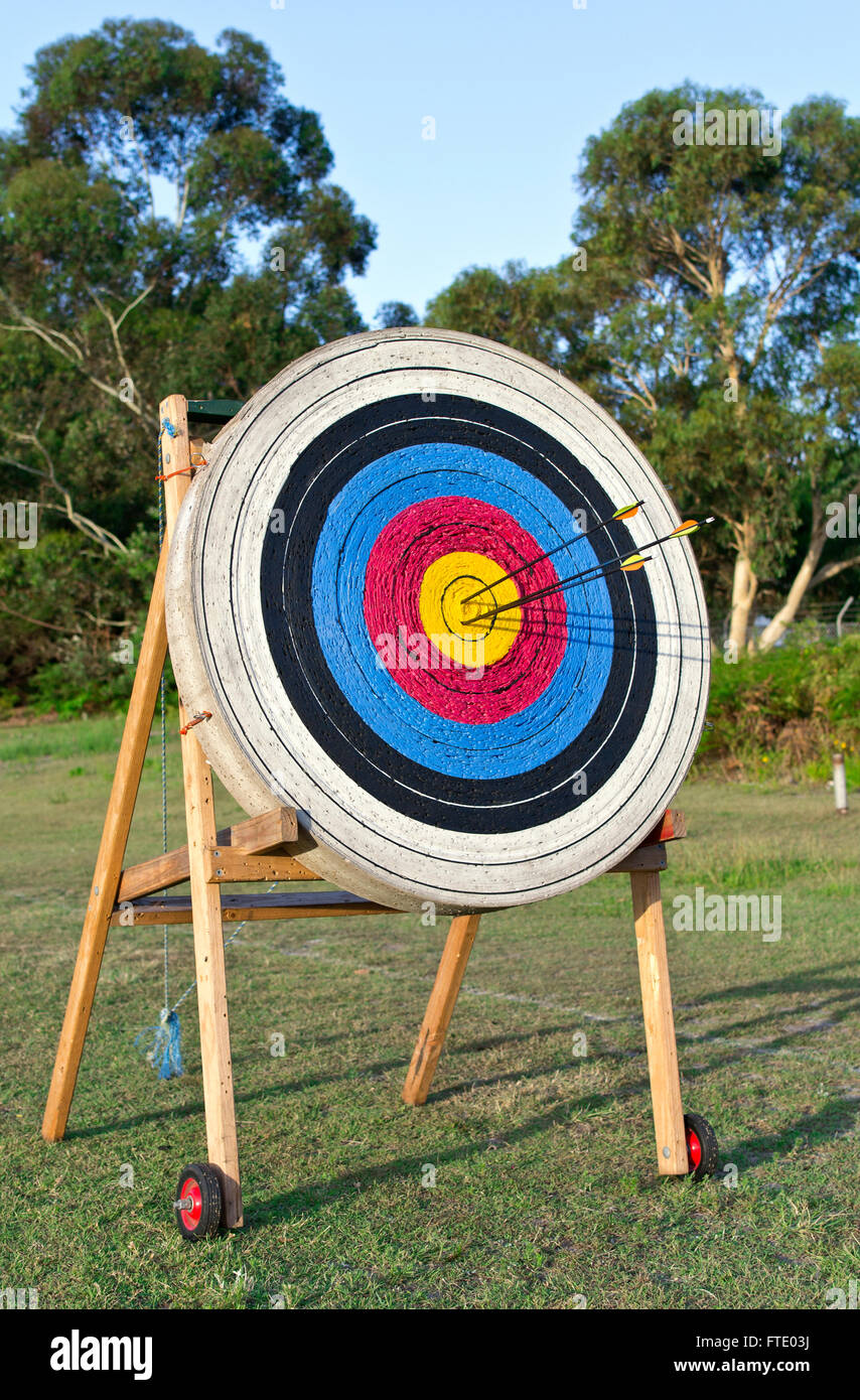 Archery shooting target standing on the grass field Stock Photo