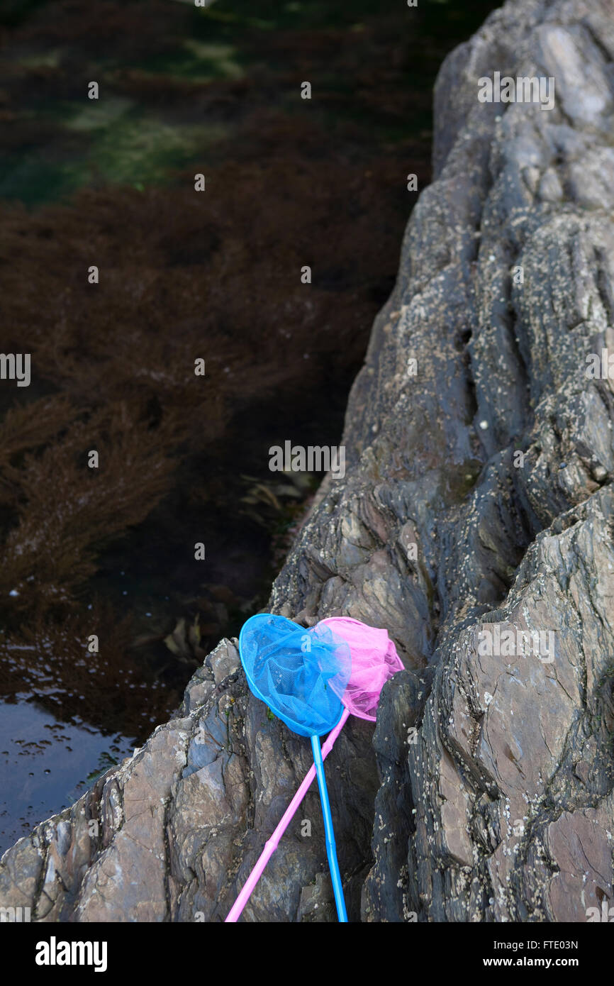 Childrens fishing nets in rock pools on the british coastline Stock