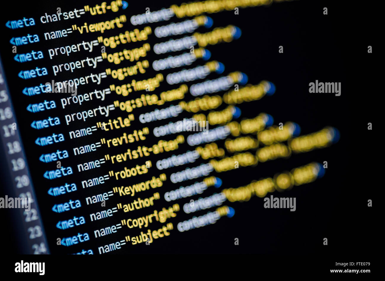 Close-up of a meta tag code displayed on a computer monitor Stock Photo