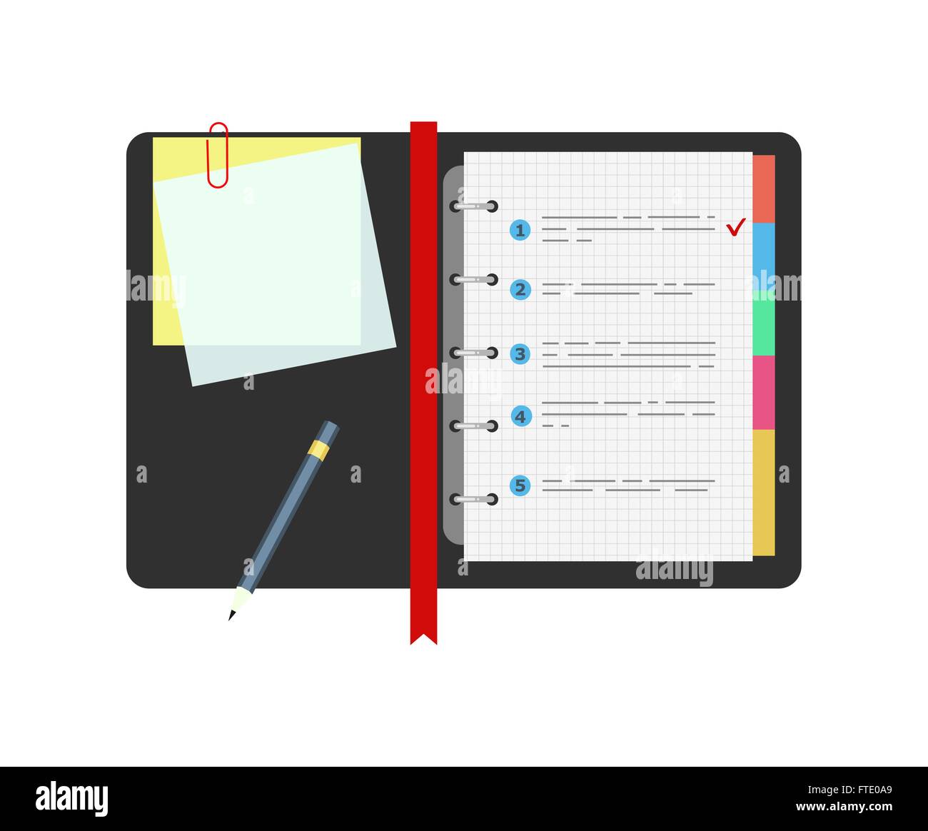 Spiral notepad notebook with to do list and pencil. Flat design Stock