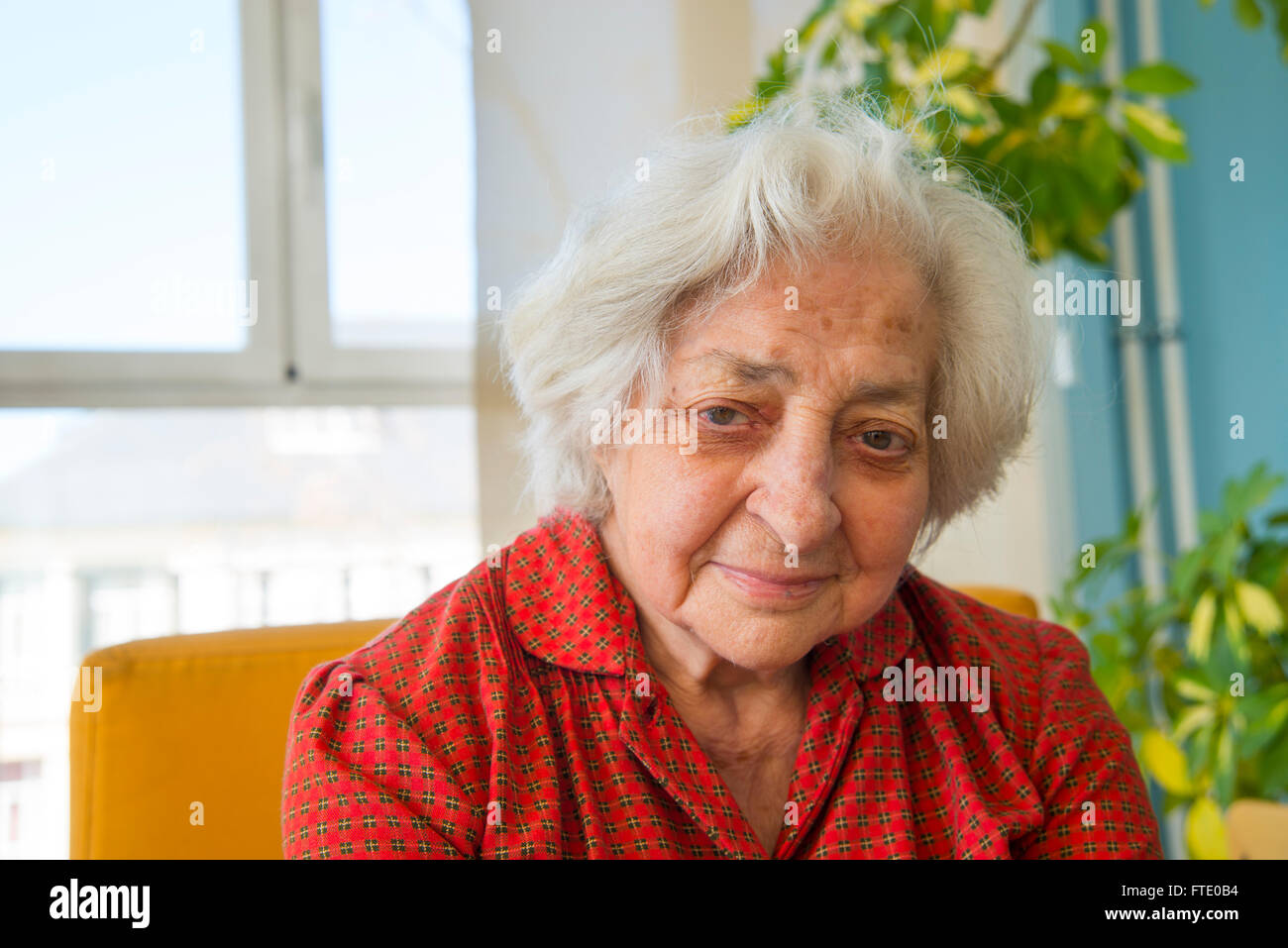 Portrait of old lady in a nursing home, smiling and looking at the camera. Stock Photo