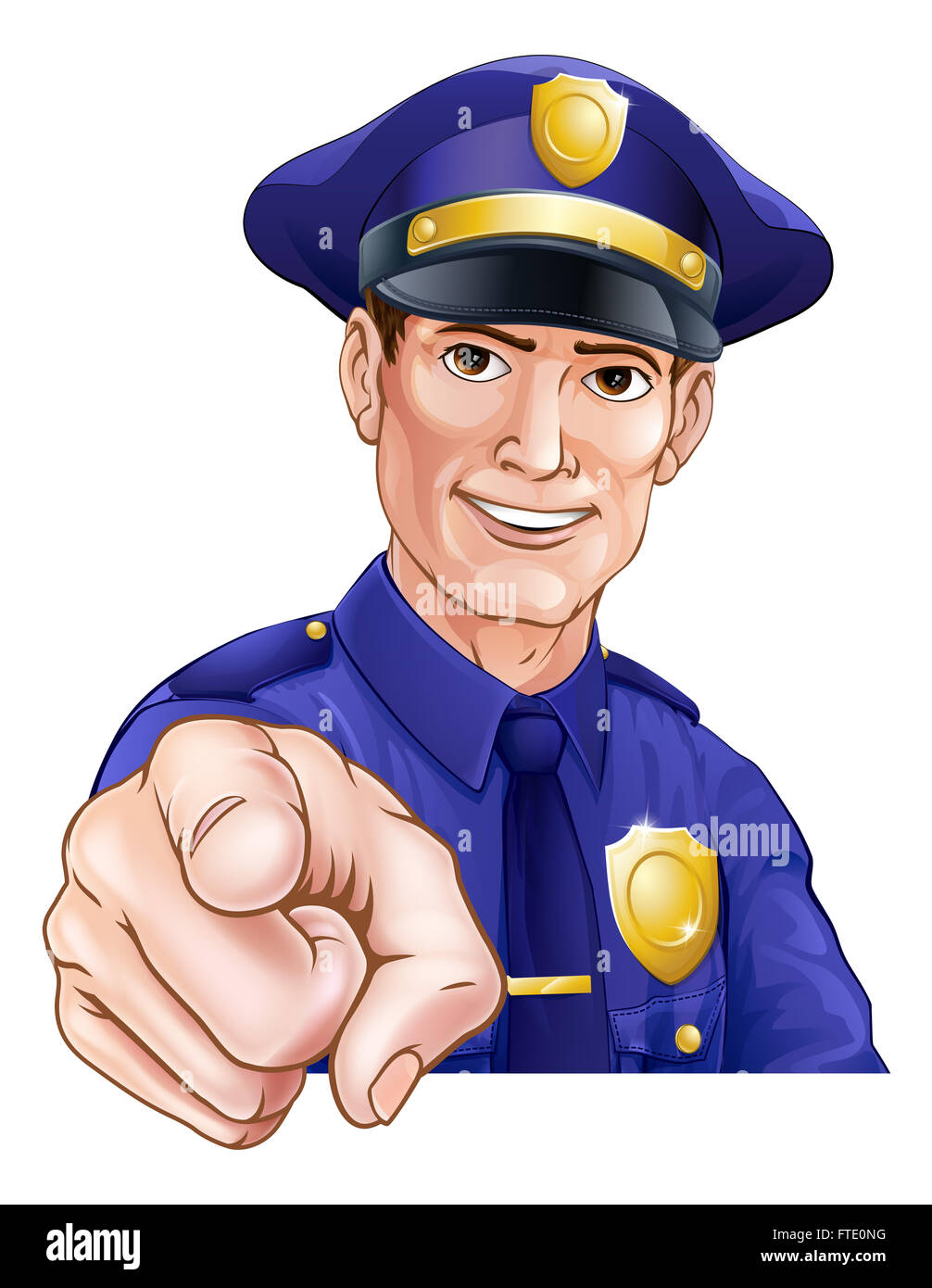 Happy friendly cartoon police officer policeman pointing Stock Photo - Alamy