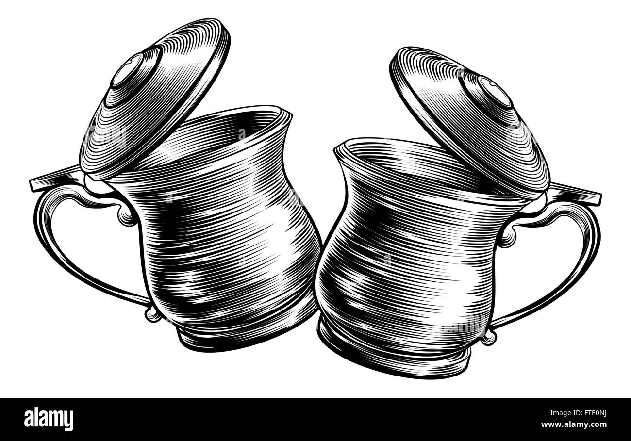 An illustration of a traditional beer stein or tankards chinking together in a prost toast in a woodcut style Stock Photo