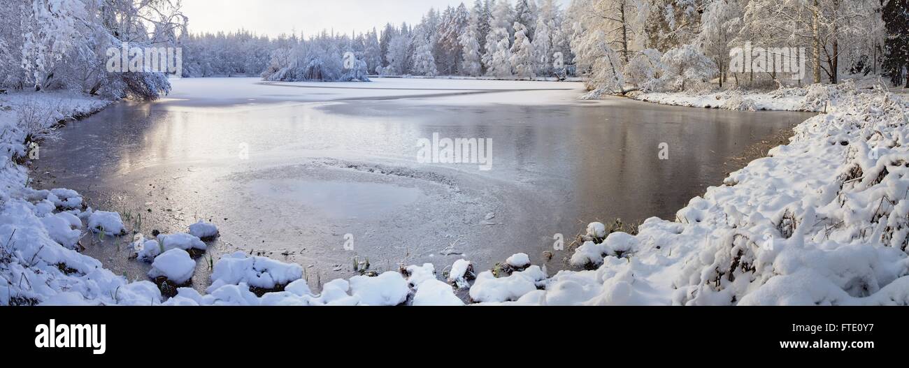 Snowy landscape with icy lake at Aulanko Nature reserve park in Finland. Panorama picture in the winter with late afternoon sunl Stock Photo