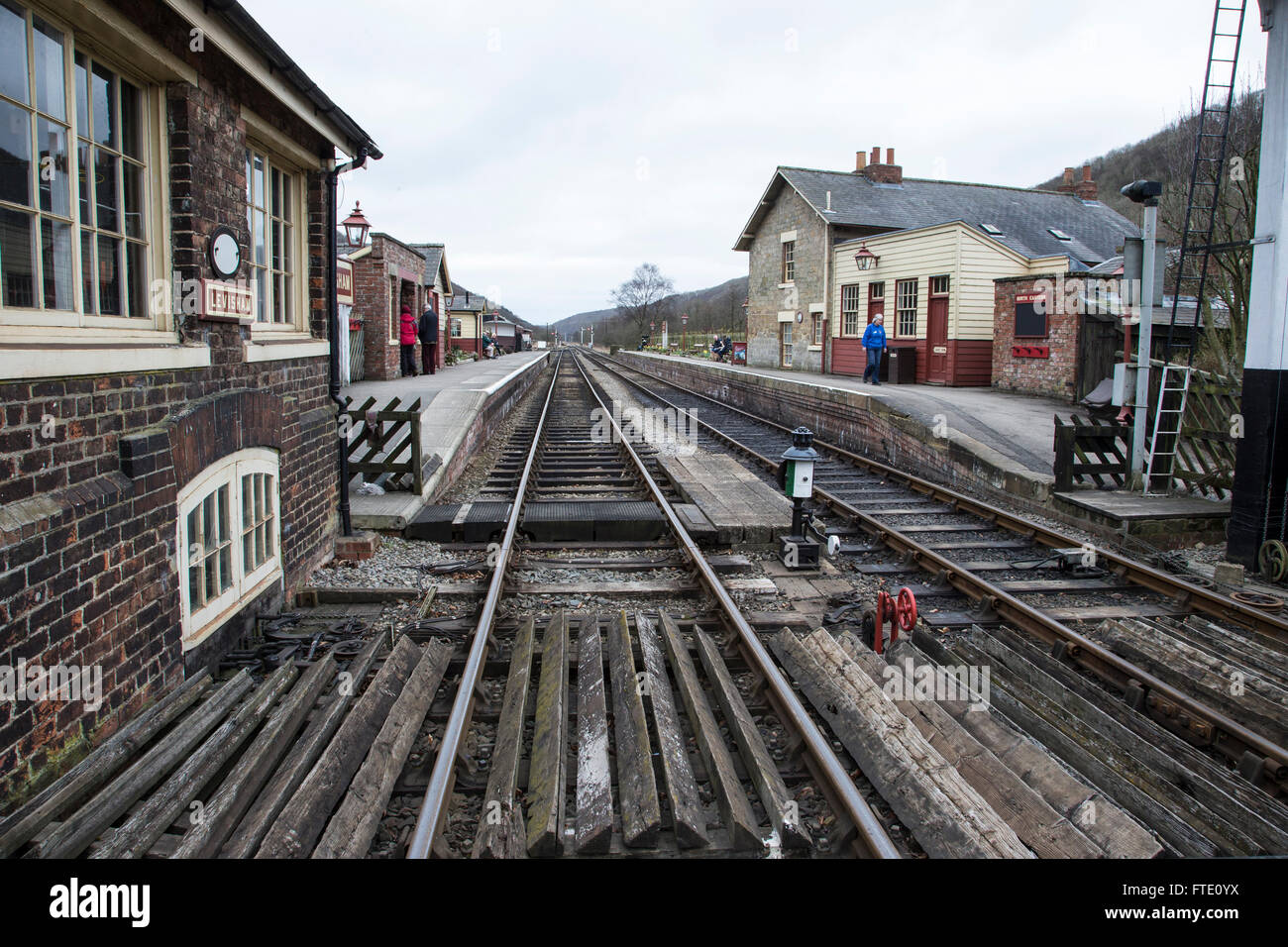 View of Levisham Railway Station looking down the tracks on the North York Moors Railway Stock Photo