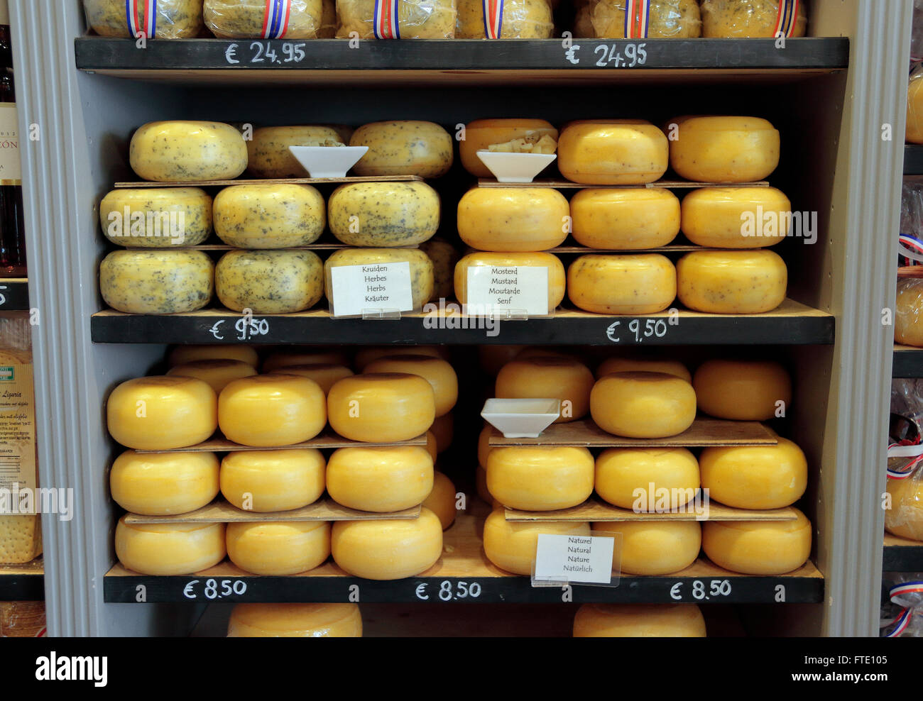 Wheels of gouda cheese for sale in the "'t Kaaswinkeltje" cheese shop