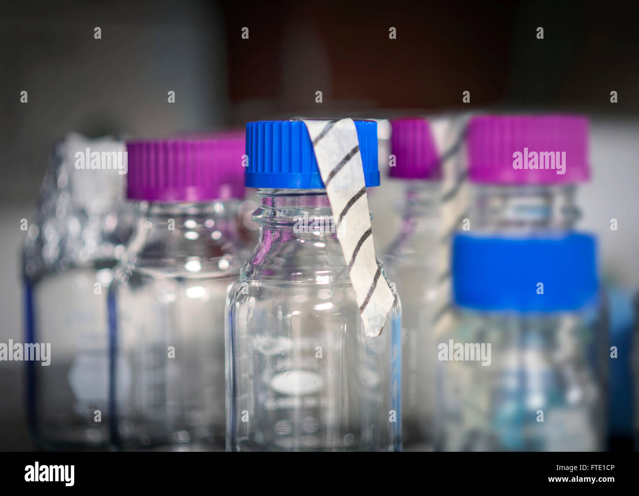 Research Lab Bottles In University Laboratory Stock Photo
