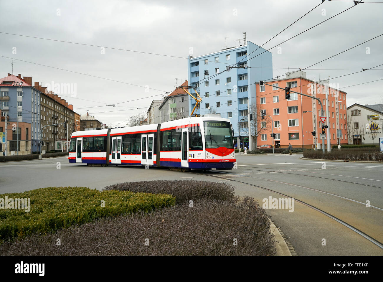 Inekon 01 Tram  approaching the Station in Olomouc , Czech Republic -1 Stock Photo