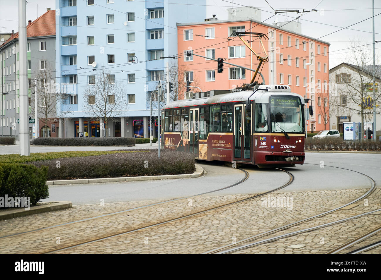 Vario LF Tram  approaching the Station in Olomouc , Czech Republic -1 Stock Photo